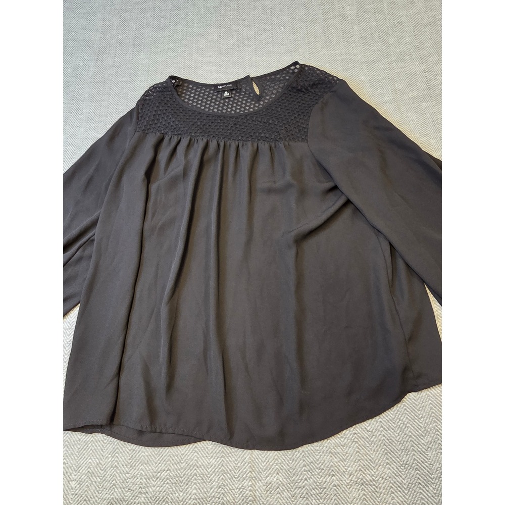 AB Studio Blouse Top Women's XL Black Lace Yoke Sheer Long Sleeve Round Neck